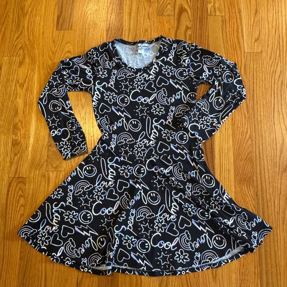 Dori Creations Girls Size 12 Long Sleeve Skater Dress – Black Doodle Print